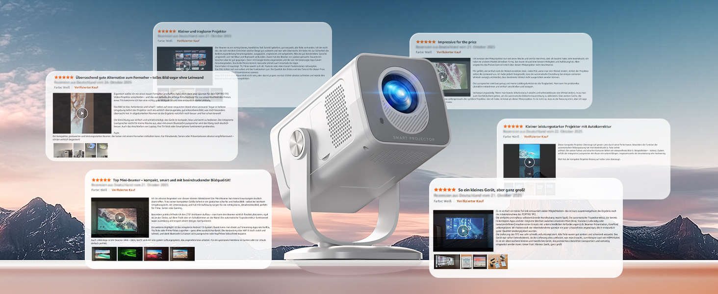 Портативний проєктор Mini Beamer 4K з підтримкою Android 13, WiFi 6, Bluetooth 5.4 та обертанням 270°. Підходить для домашнього кінотеатру, використання на вулиці та підключення до HDMI, Android, iOS, PC, USB. Автоматична корекція трапеції. Білий колір.