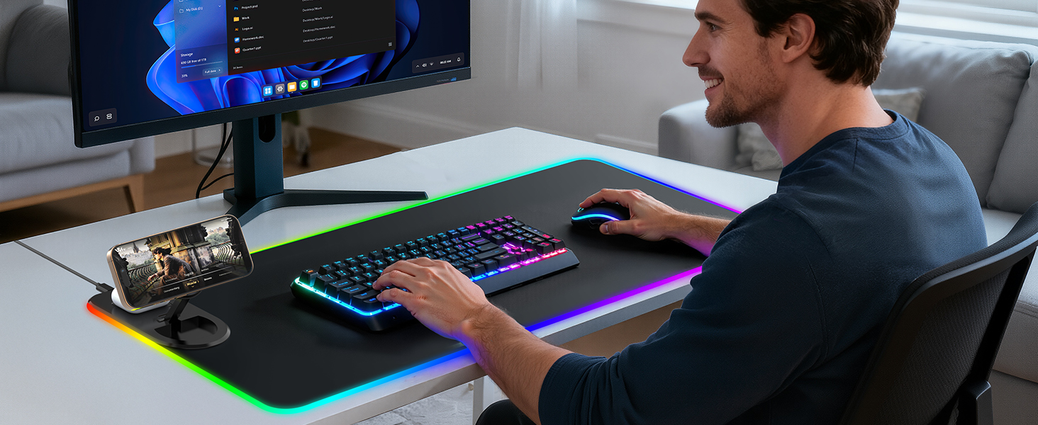 RGB ігровий килимок для миші з бездротовою зарядкою Qi 15W, LED підсвічуванням, 10 режимів, водонепроникний, протиковзкий, для геймінгу, офісу та дому (чорний)