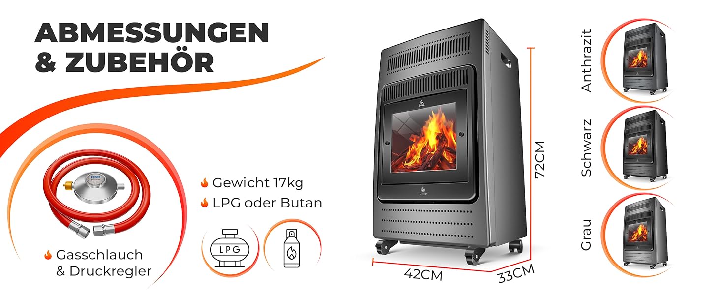 Газовий нагрівач KESSER®: газовий камін-нагрівач, 3.4 кВт, інфрачервоний, 2 режими, з регулятором та шлангом, чорний