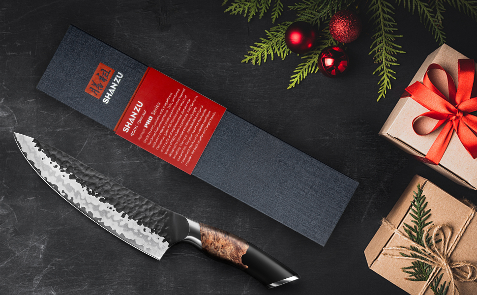 Японський ніж SHAN ZU Gyuto 20 см з 7 шарів вуглецевої сталі - професійний кухонний ніж для м'яса та овочів з акацієвим дерев'яним руків'ям