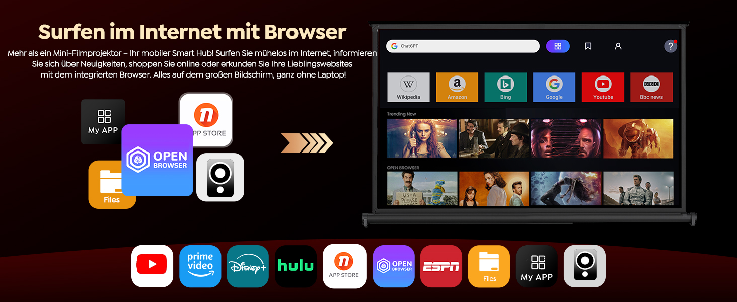 Проектор WiMiUS 1100 ANSI з 4K, Dolby Audio, WiFi 6, Bluetooth та Автофокусом для Домашнього Кінотеатру та Відкритих Подій (Android/iPhone)