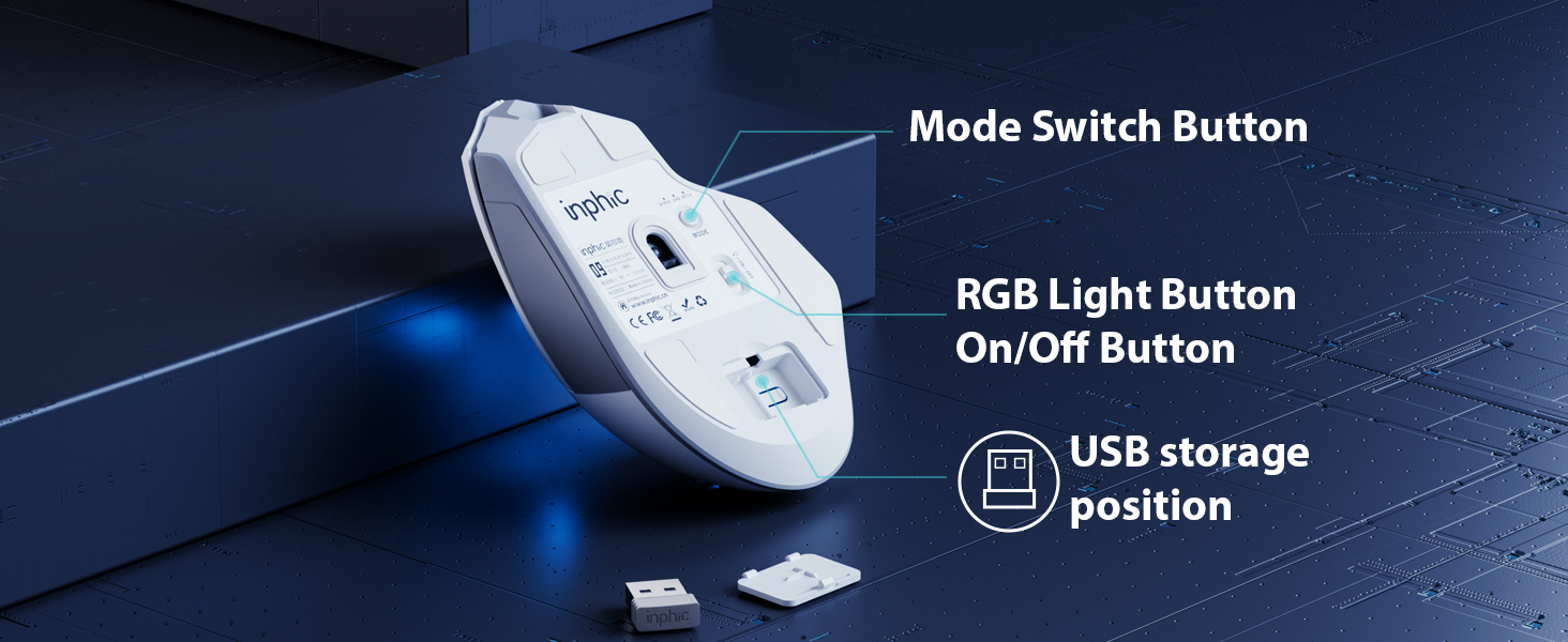Ігрова миша inphic IN9 бездротова Tri-Mode (2.4G/Bluetooth/Type-C), 10000 DPI, RGB-підсвітка, програмована, акумуляторна, сіро-біла