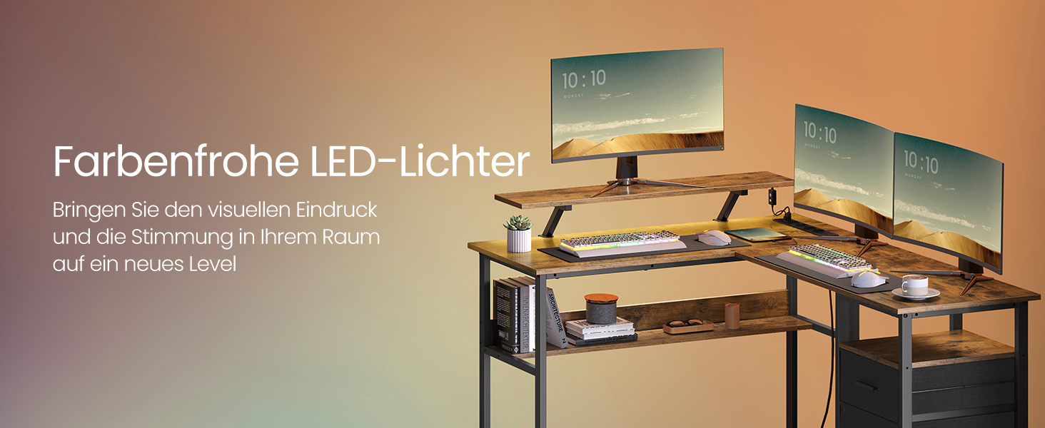 Комп'ютерний стіл VASAGLE L-подібний з розетками, LED-підсвічуванням та USB-портами, 150 x 120 x 76 см, для дому та офісу, вінтажний колір