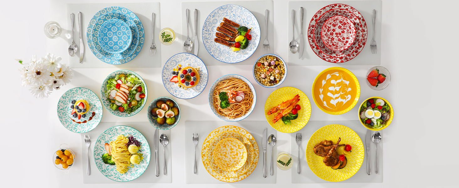 Набір посуду Vancasso Selene для 6 осіб, 24 елементи: тарілки, супові тарілки, миски, десертні тарілки. Пастельне порцелянове покриття, підходить для мікрохвильової печі.