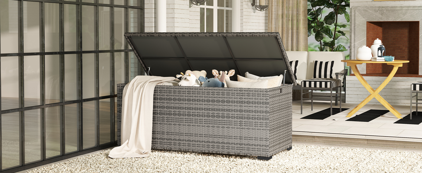 Водонепроникний садовий ящик Amopatio Gartenbox 650л з поліротангу, сірий. Ящик для подушок, металева коробка для зберігання з газліфтами для саду, балкону