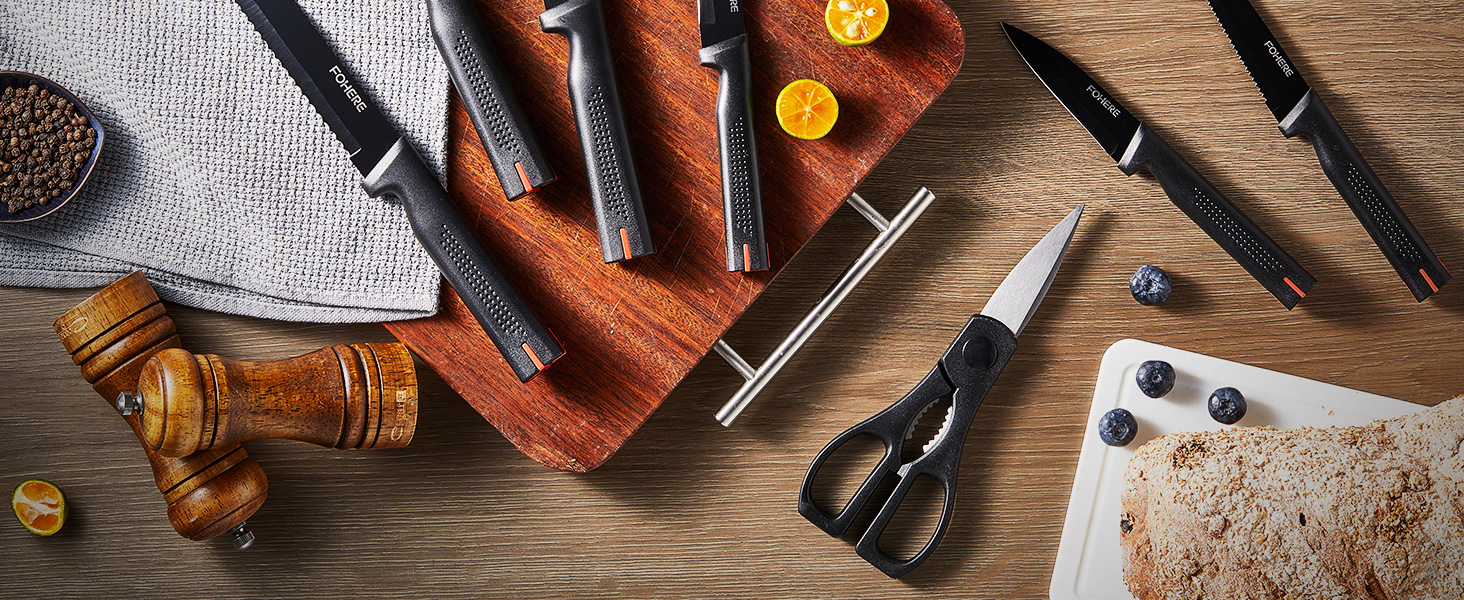 Набір ножів FOHERE 13 предметів з точилкою. Набір кухонних ножів з нержавіючої сталі з підставкою та інтегрованою точилкою (чорний)