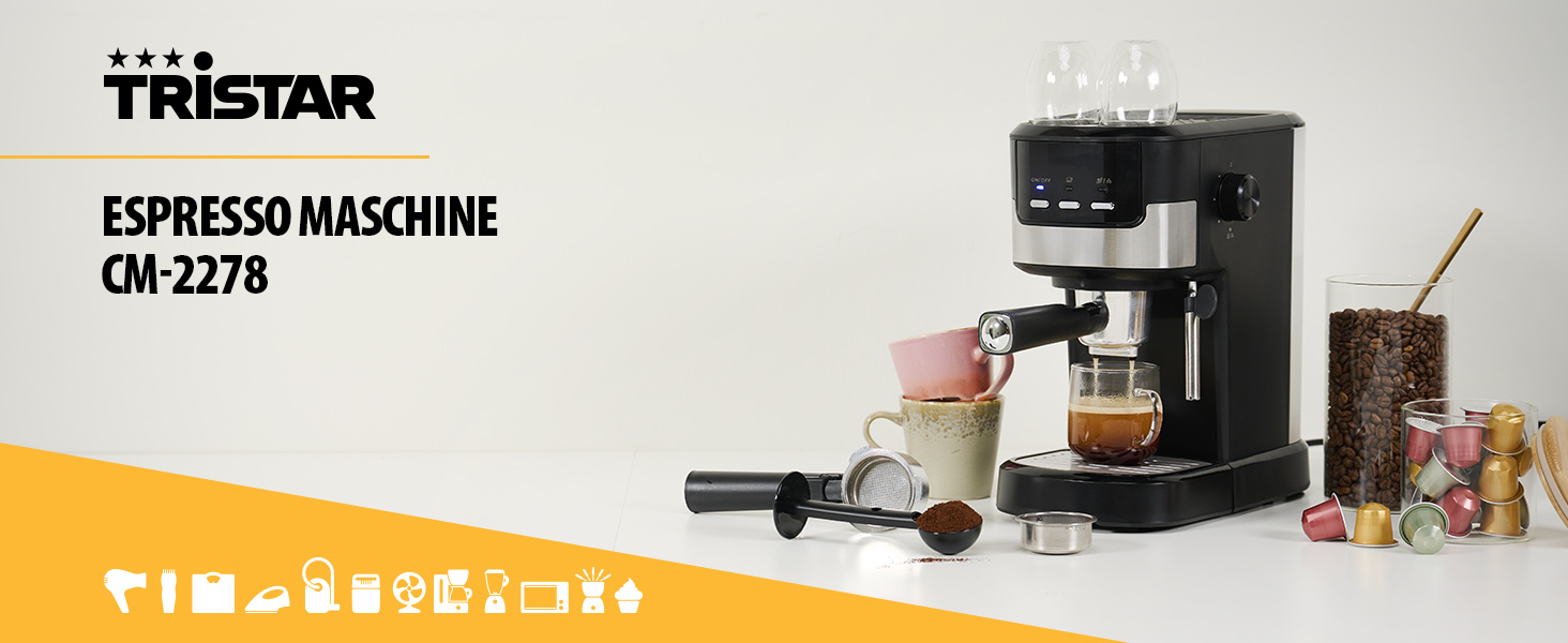 Кавомашина Tristar CM-2278 еспресо, 2 чашки, для капсул Nespresso та меленої кави, підігрів чашок, 20 бар, 1100 Вт