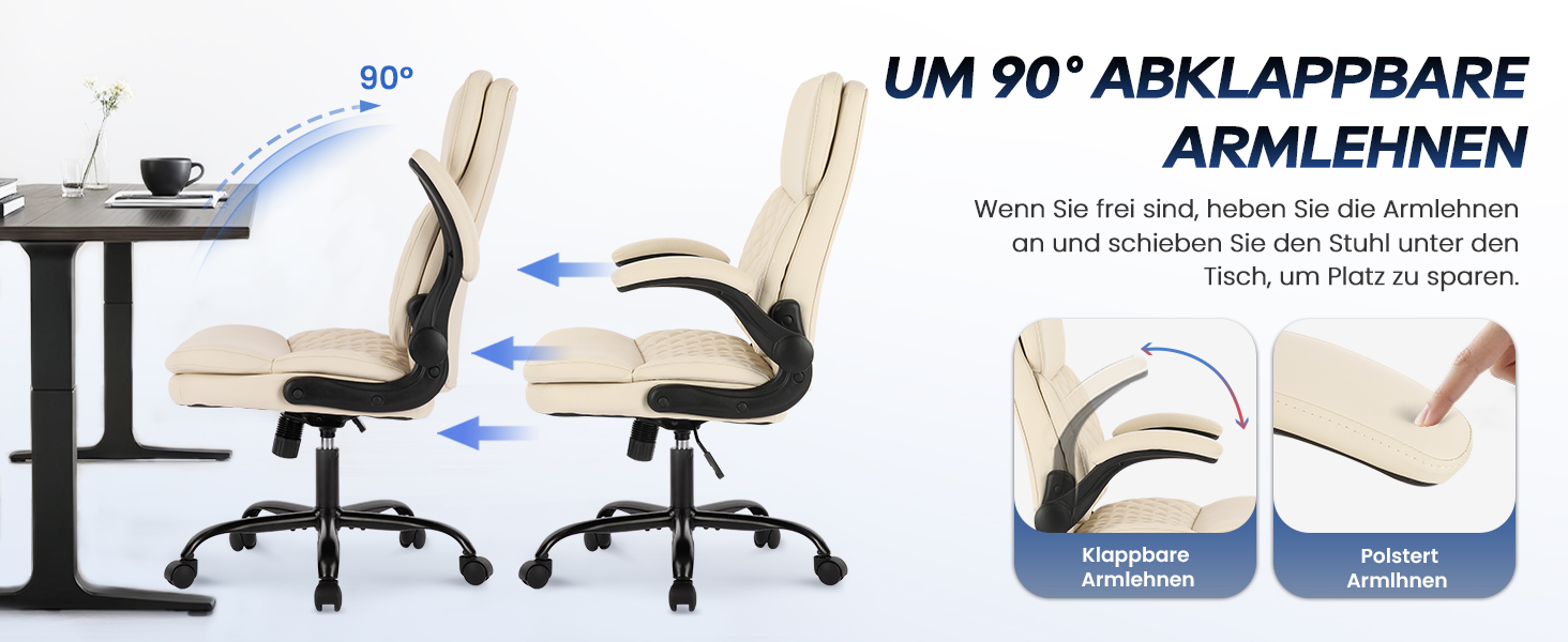 Офісний крісло Colamy: ергономічний, з високою спинкою, регульовані підлокітники, шкіряне покриття (слонова кістка)