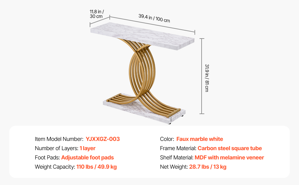 Вхідний консольний столик VEVOR 100 см - вузький, міцний, з металевим каркасом. Ідеально для передпокою, вітальні, спальні. Витримує до 49,9 кг.