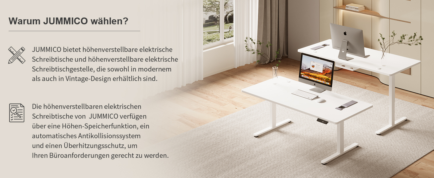 Електричний регульований стіл JUMMICO 160x80 см з підзарядною станцією, білий. Ергономічний стіл для роботи з кабельною організацією