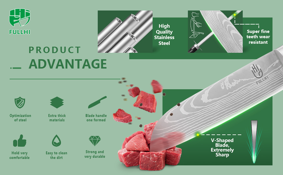 Японський набір ножів Fullhi 15 предметів з магнітним підставкою, з високоякісної сталі, ергономічні ручки, для професійної та домашньої кухні