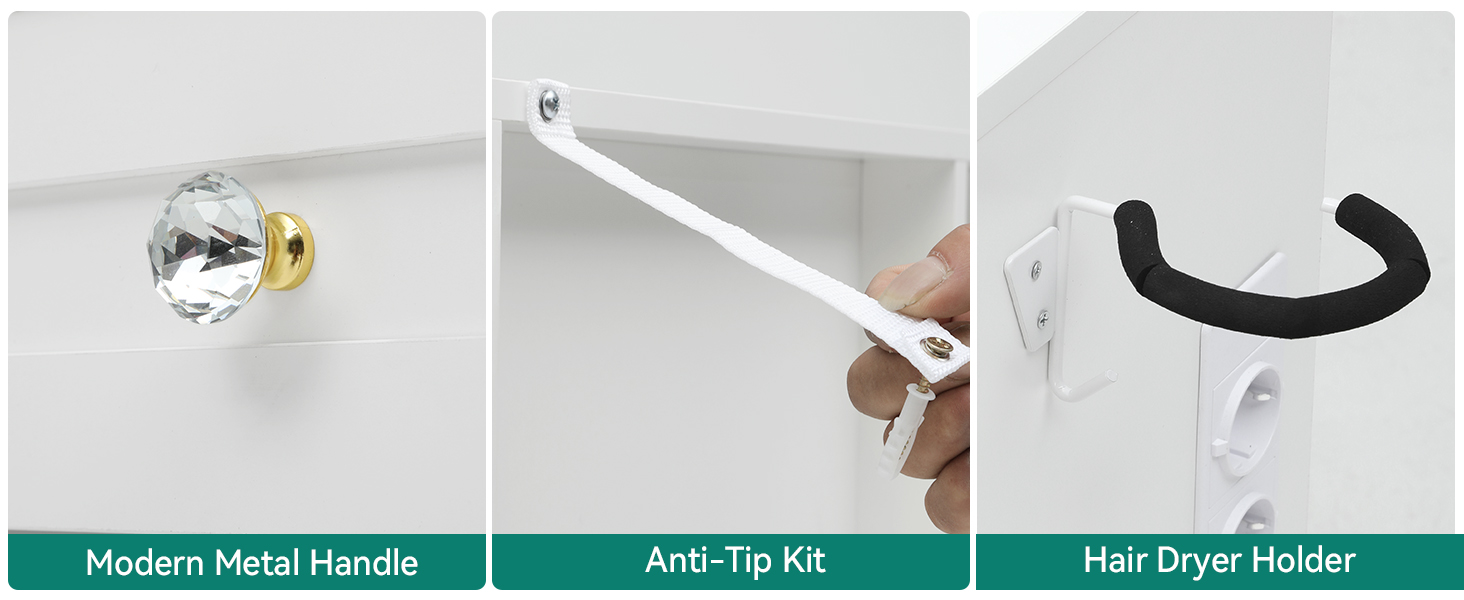 Туалетний столик YITAHOME з LED-дзеркалом, регульоване 3-кольорове освітлення, скляна стільниця, вбудована розетка, для спальні, 115 x 40 x 134 см, білий