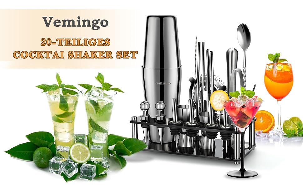 Подарунковий набір для коктейлів 20 предметів: шейкер, стійка акрилова 360°, мірний стакан, барний набір 750 мл, нержавіюча сталь