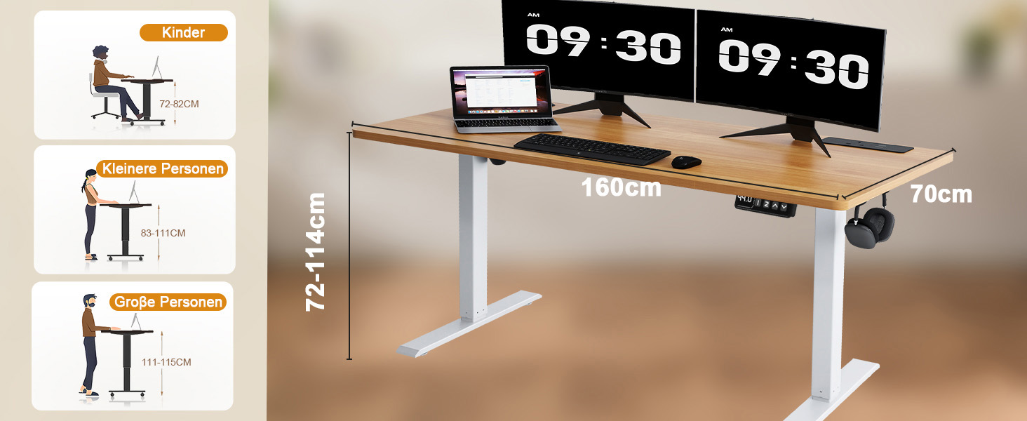 COMHOMA Стол для роботи з регулюванням висоти 160x70 см з USB-роз'ємом та гачками, Електричний стіл для комп'ютера, Стол для стоячи-сидячи, коричневий