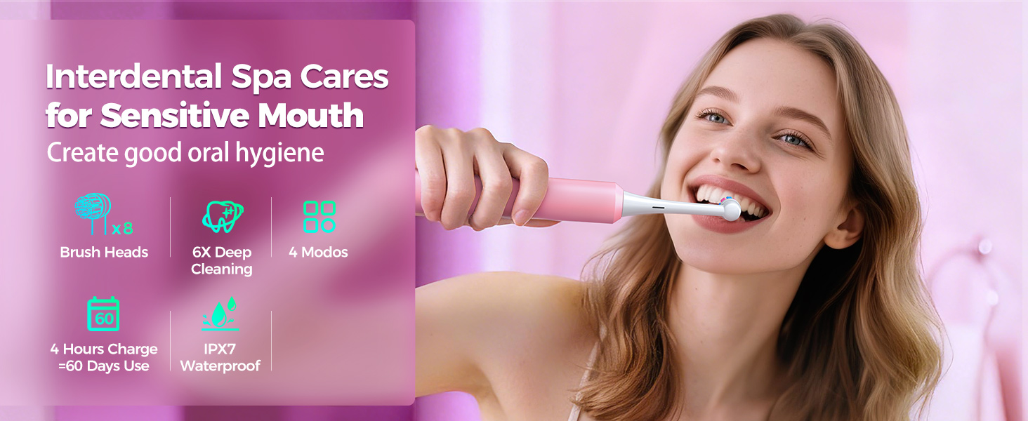 Електрична зубна щітка для дорослих Rotierende з 8 насадками, 4 режимами чищення, акумулятором на 60 днів та розумним таймером 2 хв - Професійна електрична щітка (Рожева)
