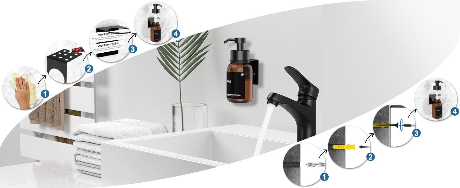 Настінний диспенсер для мила 250 мл чорного кольору (2 шт.) - без свердління, клейкий, для шампуню та гелю для душу