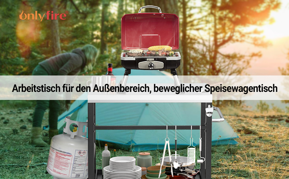 Onlyfire Grillwagen: Сталевий гриль-вузький столик з великою робочою поверхнею, Outdoor гриль-тролей, сервісний столик для саду та вулиці, 85,3×61×81см