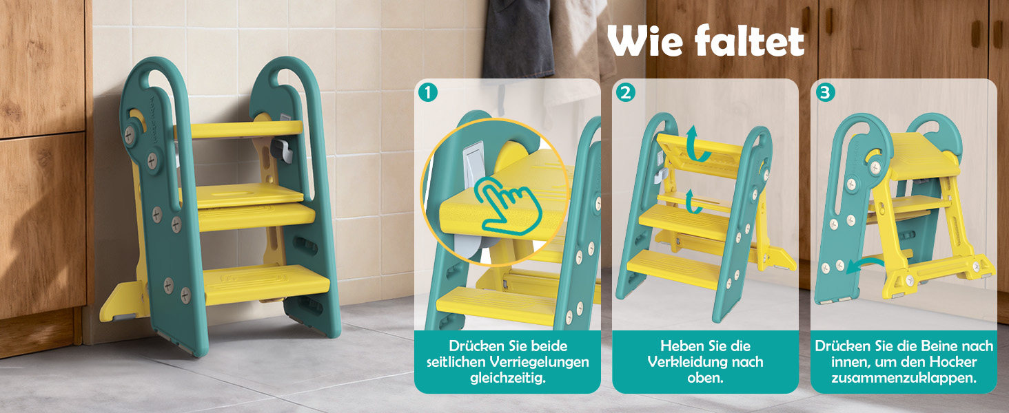 Дитячий підсвічник Onasti Tritthocker Kinder: регульована висота, 3 сходинки, з ручками, складний, анти-кіп та анти-ковзний, для кухні, ванної, раковини та туалету (сірий) сіро-білий (зелений)