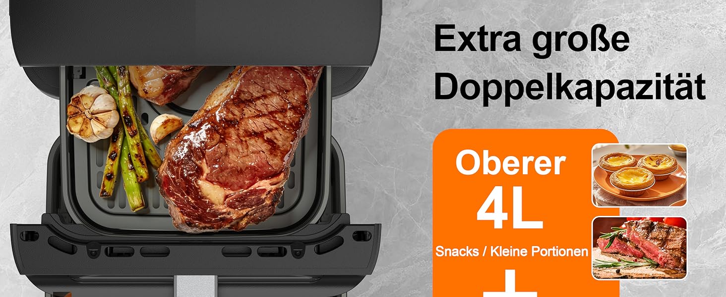 Аерофритюрниця з вікном 12л 12-в-1 Dual Zone (4+8л), двокамерна фритюрниця з сенсорним керуванням та 50 паперовими вкладишами, чорна