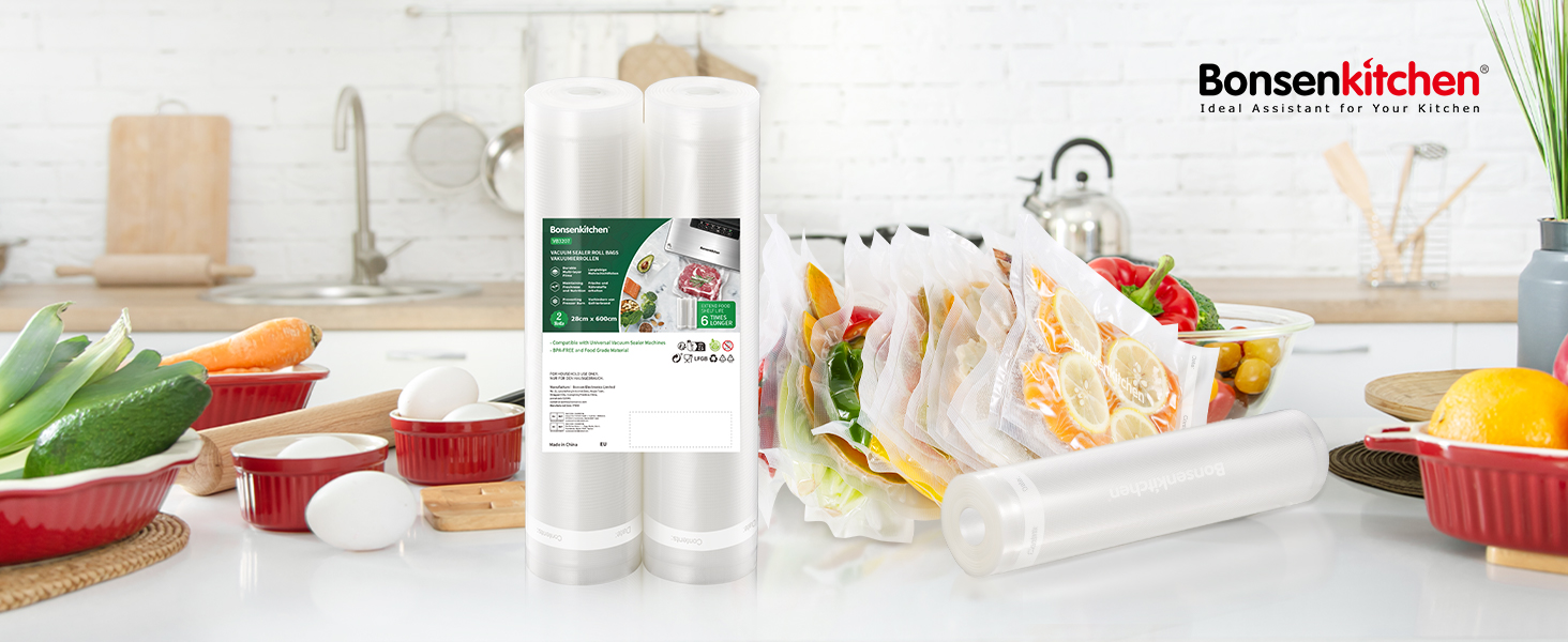 Рулони для вакуумного пакування Bonsenkitchen 28x600 см (2 шт) - Професійні пакети для вакууматора, харчові, BPA-free, для Sous Vide