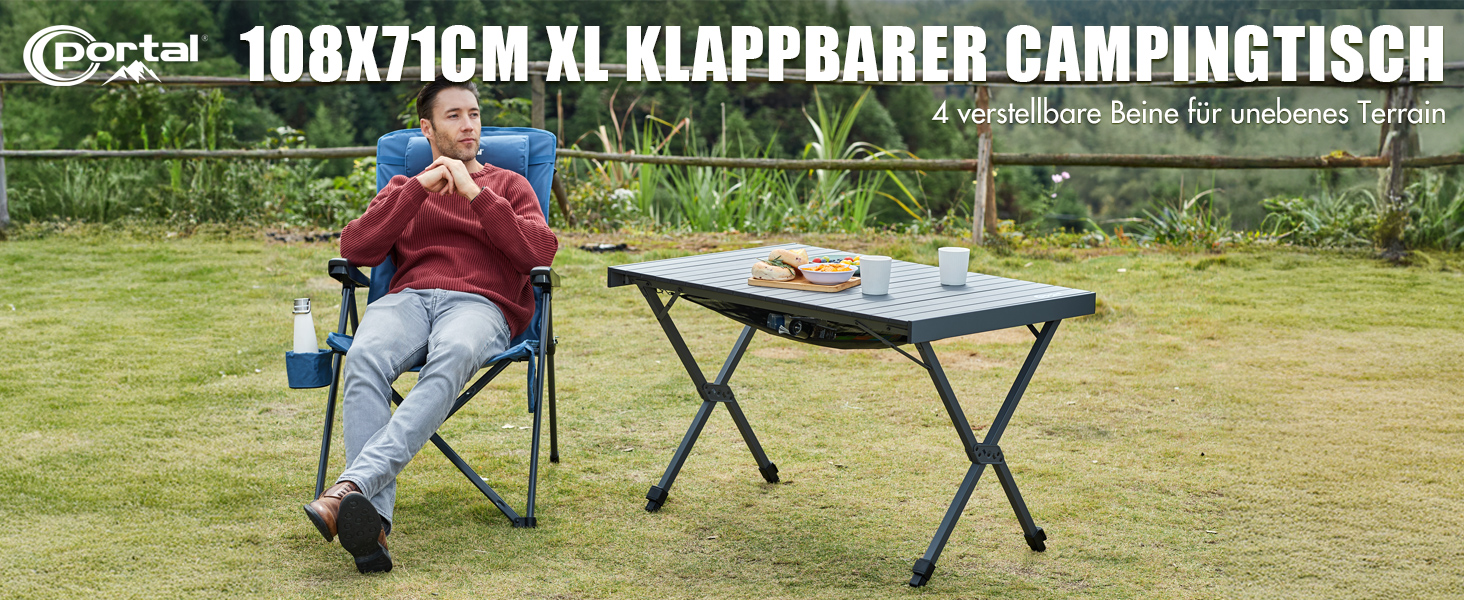 Складаний кемпінговий стіл PORTAL з регулюванням висоти, алюмінієвий, 108 x 71 см, легкий стіл для пікніка, саду та подорожей, чорний