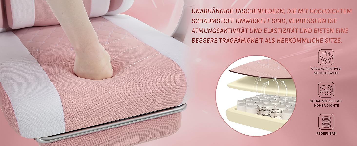 Ігровий крісло WOLTU з масажем, комп'ютерне ергономічне крісло, кишенькові пружинні подушки, масаж попереку, підголовник, підніжка, поворотне крісло, 150 кг, сітчаста тканина, Рожевий+Білий