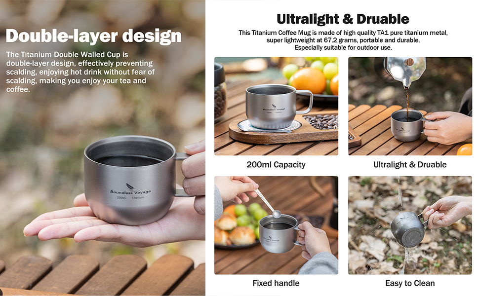 iBasingo чашка для еспресо Titan 200мл, подвійні стінки, нержавіюча сталь, для лате, капучино, какао, чай, подорожі, кемпінг, ультралегка, міцна