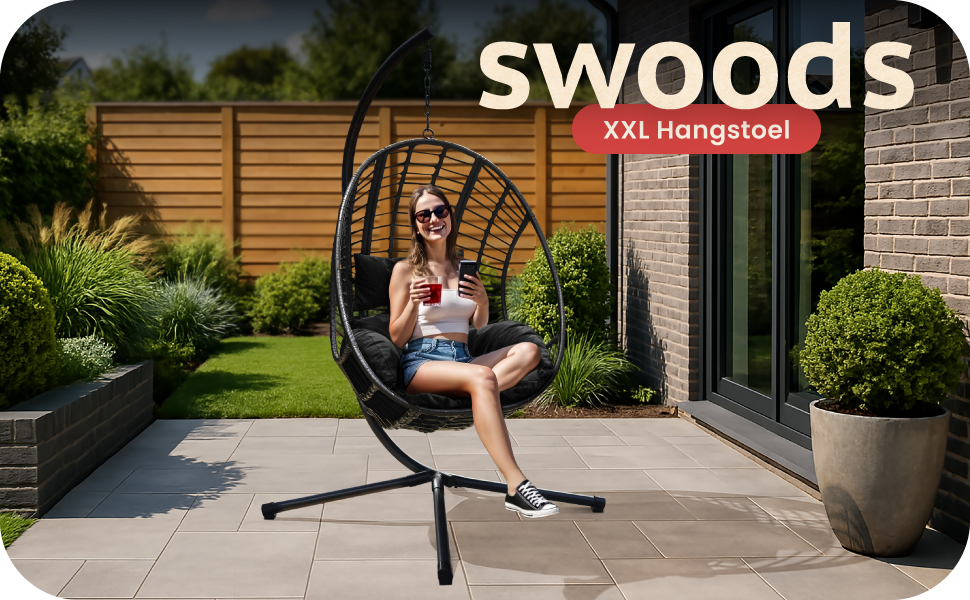 Крісло-гойдалка Swoods XXL з металевим каркасом - для дому та вулиці, з подушкою - яйцеподібне крісло, до 150 кг (темно-сірий)