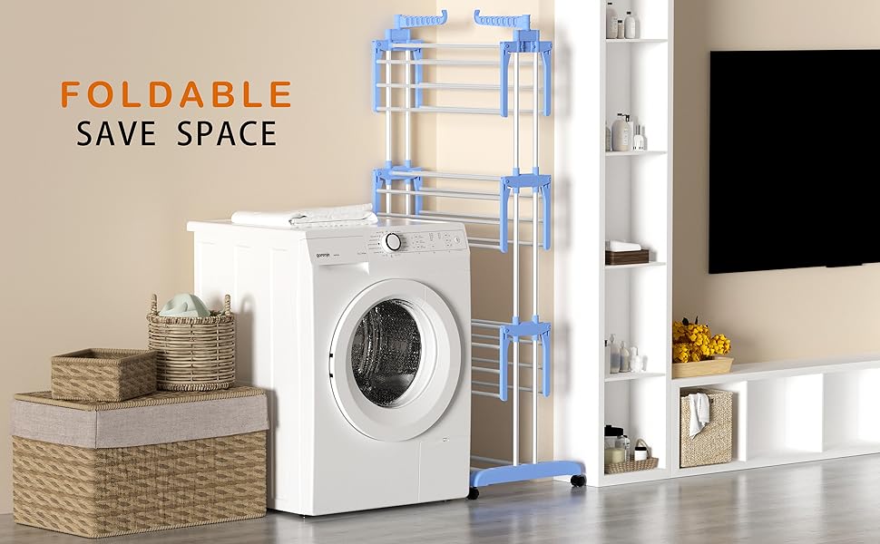 Вертикальна сушарка для білизни SIMPDIY з 6 складаними крилами та колесами, підлогова баштова сушарка для одягу для дому та вулиці, синя
