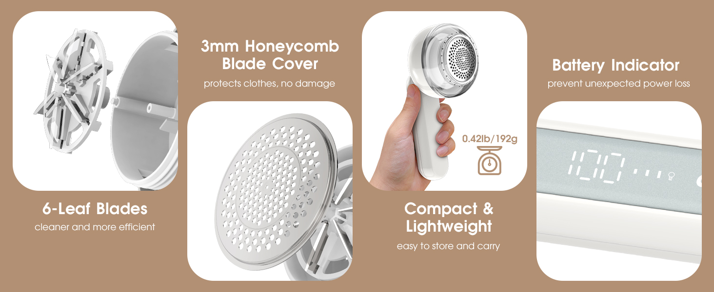 Електричний видальник ворсу 6-лезовий, перезаряджається, з індикатором заряду, для одягу, білий