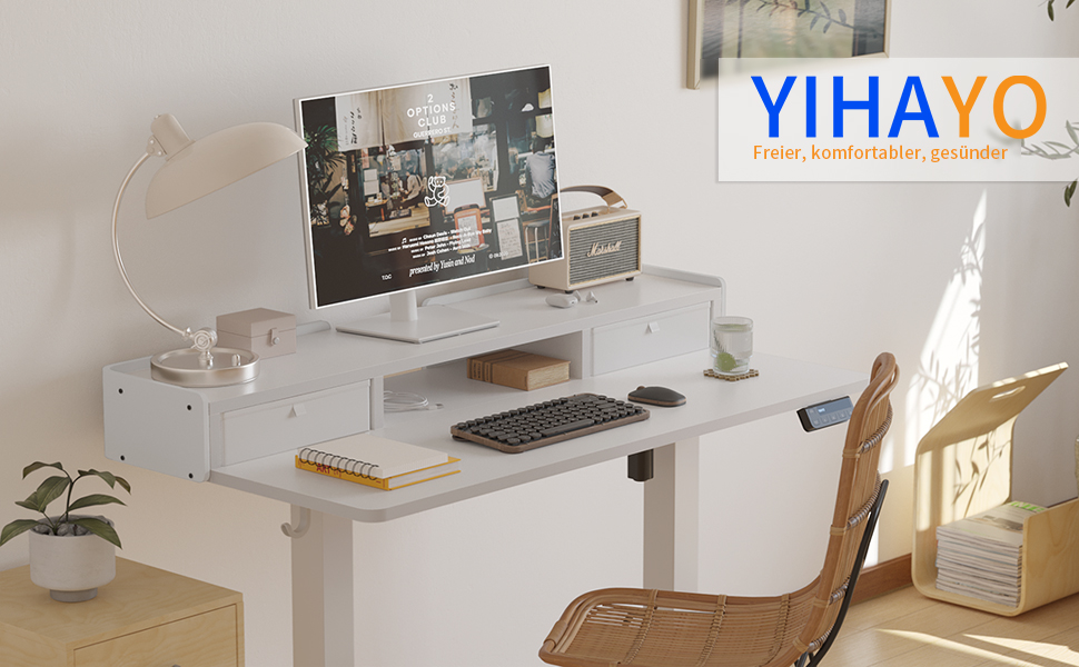 Електричний стіл YIHAYO з висувними ящиками та підставкою для монітора 120x60 см, з функцією пам'яті, Natural White, білий каркас/поверхня