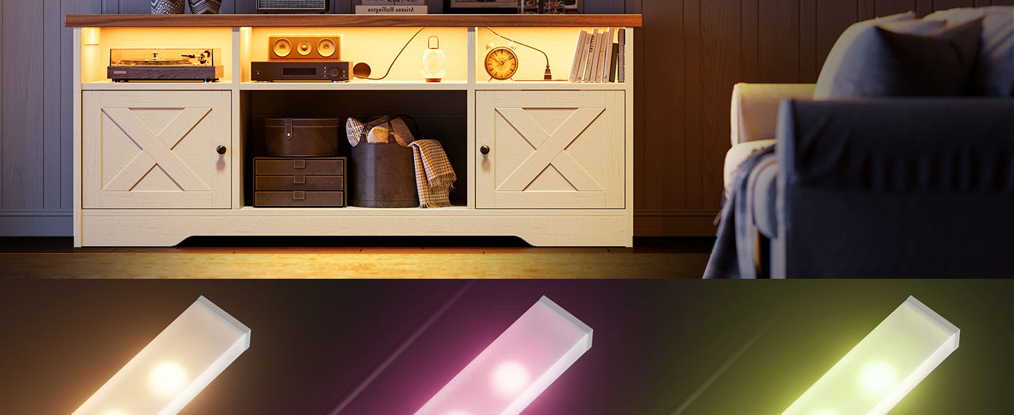 Тумба під ТВ Coleshome з розетками, USB, LED, 4 відкриті полиці та 2 шухляди, 150x35x65 см, білий та горіх
