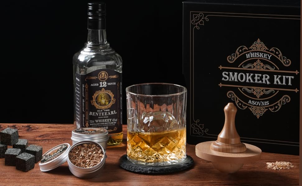 Набір для копчення віскі з пальником, 6 смаків, дерев'яні стружки, 2 склянки, 6 контейнерів для віскі, набір для коктейлів, набір для копчення напоїв, подарунок на день народження для любителів бурбону (без бутану)