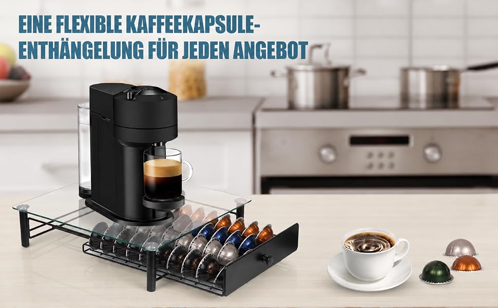 Тримач для капсул Nespresso Vertuo з загартованого скла, органайзер для зберігання 40 капсул VertuoLine (Next & Plus), протиковзаюча шухляда, чорний