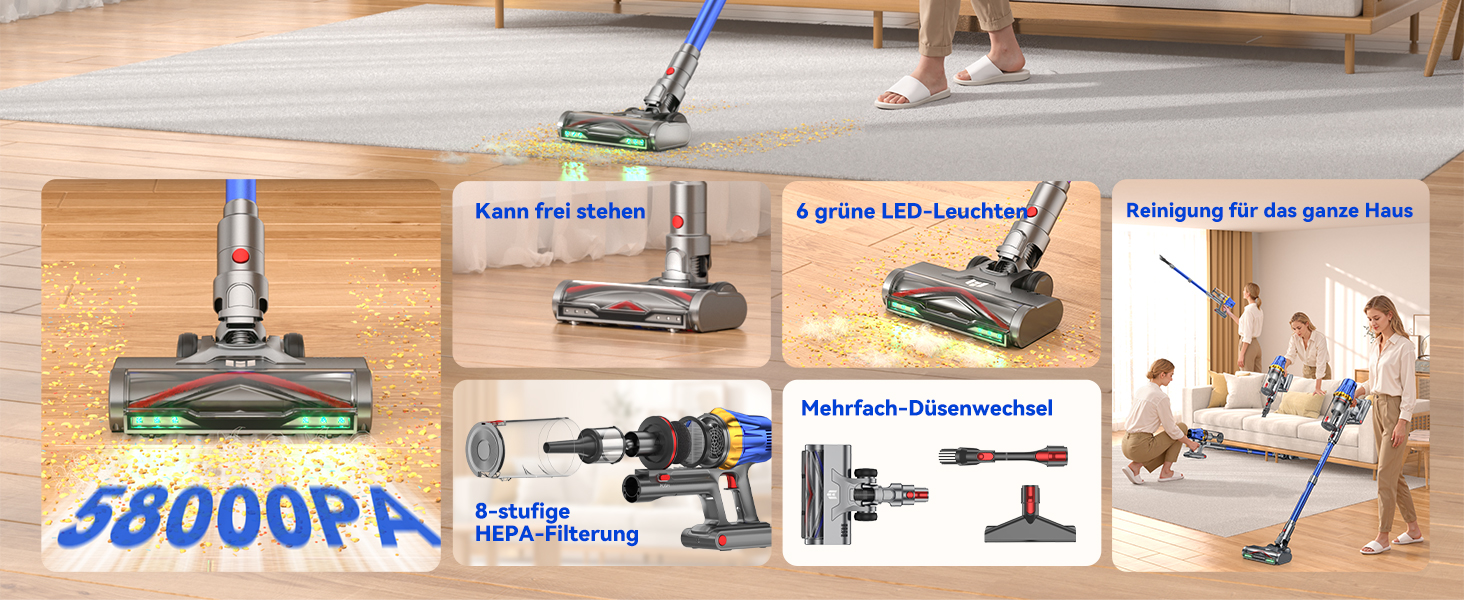 Акумуляторний пилосос H9 58000 Па, 650 Вт, 80 хв, бездротовий з LED-дисплеєм, для шерсті тварин, килимів та підлоги, синій