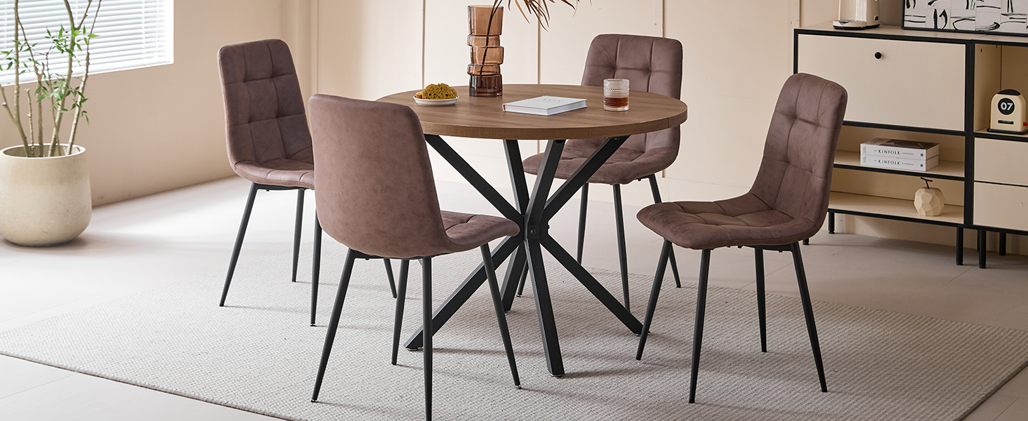 Обідній комплект на 5 персон: круглий стіл 100 см та 4 стільці (голландський фліс). Підходить для кухні, вітальні, балкону, ресторану, офісу. Темне дерево + світле дерево (темно-коричневий)