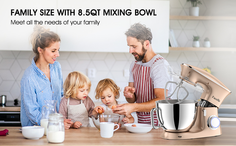 Кухонна машина-міксер Facelle 2000W з чашею 8,5L (6+ швидкостей) для випічки, тіста, міксування, з набором насадок (снігобій, гак для тіста, вінчик) та захистом від бризок, колір Champagne