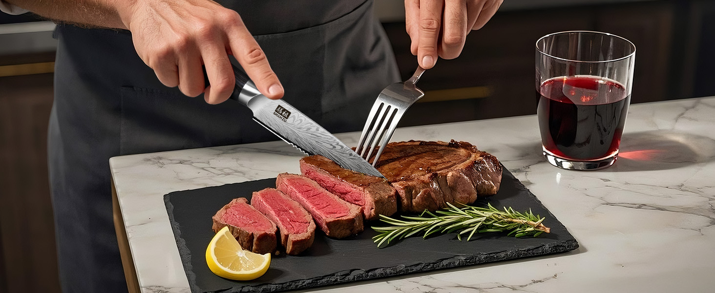 Японський ніж для кухні SHAN ZU з порошкової сталі, професійний ніж шеф-кухаря з високим вмістом вуглецю, з ергономічною ручкою з паккавуда (набір з 6 ножів для стейку, 11.5 см)