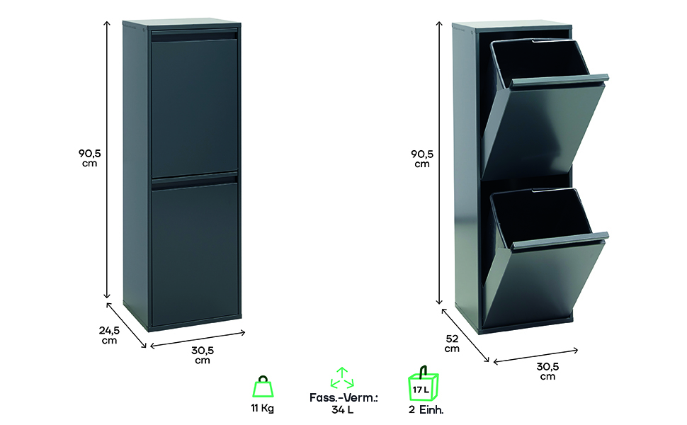 Сміттєві баки та сміттєві баки Arregui, сталеві, 2 відсіки 90,5 х 30,5 х 24,5 см антрацит антрацит / темно-сірий