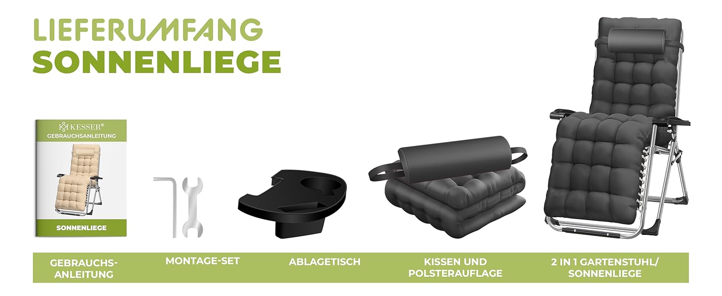 Розкішна шезлонг KESSER® для саду: складаний, стійкий до погодних умов, витримує 200 кг, з ергономічною подушкою, регульованою спинкою, підголівником та тримачем для напоїв (антрацит)