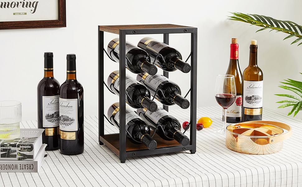 Стелаж для вина IBUYKE промисловий, 3 яруси, металевий каркас, для кухні, бару, вітальні, 6 пляшок, коричневий (TMJ904H)