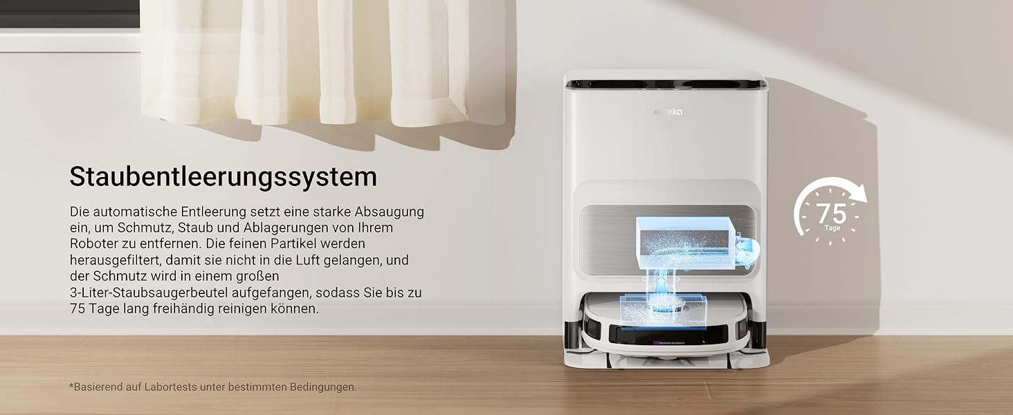 Робот-пилосос EUREKA J12 Ultra з функцією миття підлоги (самостійне очищення, прання та сушка), потужність всмоктування 5000Pa, обертова функція миття, Dual-LiDAR навігація, 3D уникнення перешкод, білий