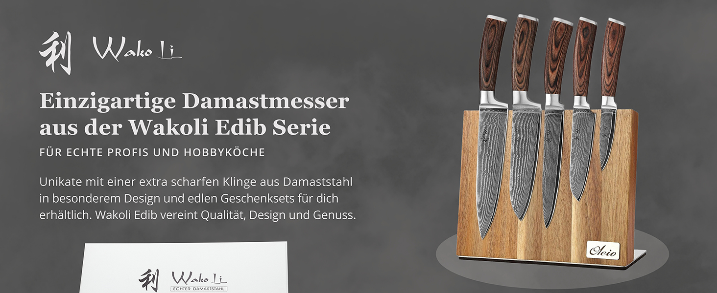 Набір кухонних ножів Wakoli EDIB з магнітним блоком | 3 ножі з дамаської сталі (8,5-17см) з VG10-сердечником, дерев'яні ручки, для овочів та м'яса