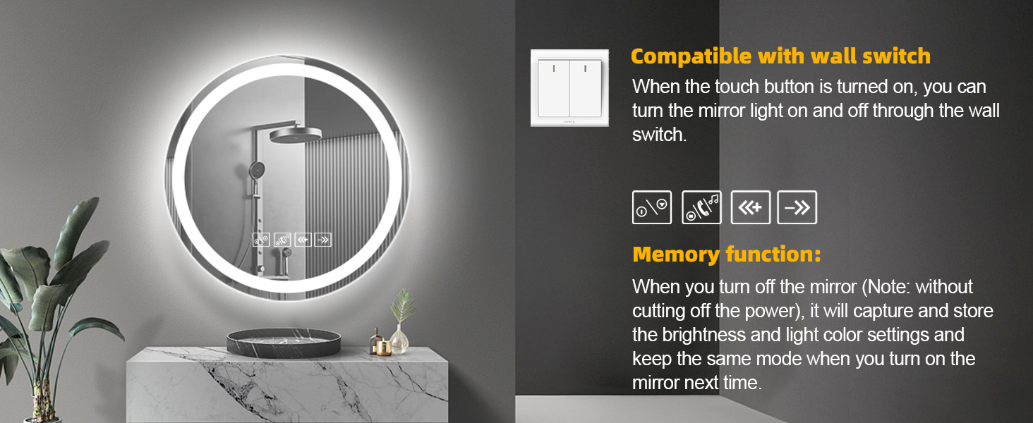 Дзеркало для ванної кімнати з підсвічуванням 50x70 см, з протитуманним ефектом, годинником, LED-підсвічуванням, сенсорним вимикачем, функцією пам'яті, 3 кольорами світла, регулюванням яскравості