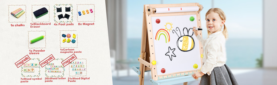 Дитяча мольберт Kinder Tafel з регулюванням висоти, двосторонній, з паперовою рулонною дошкою, літерами та цифрами, аксесуарами для дітей 2-8 років