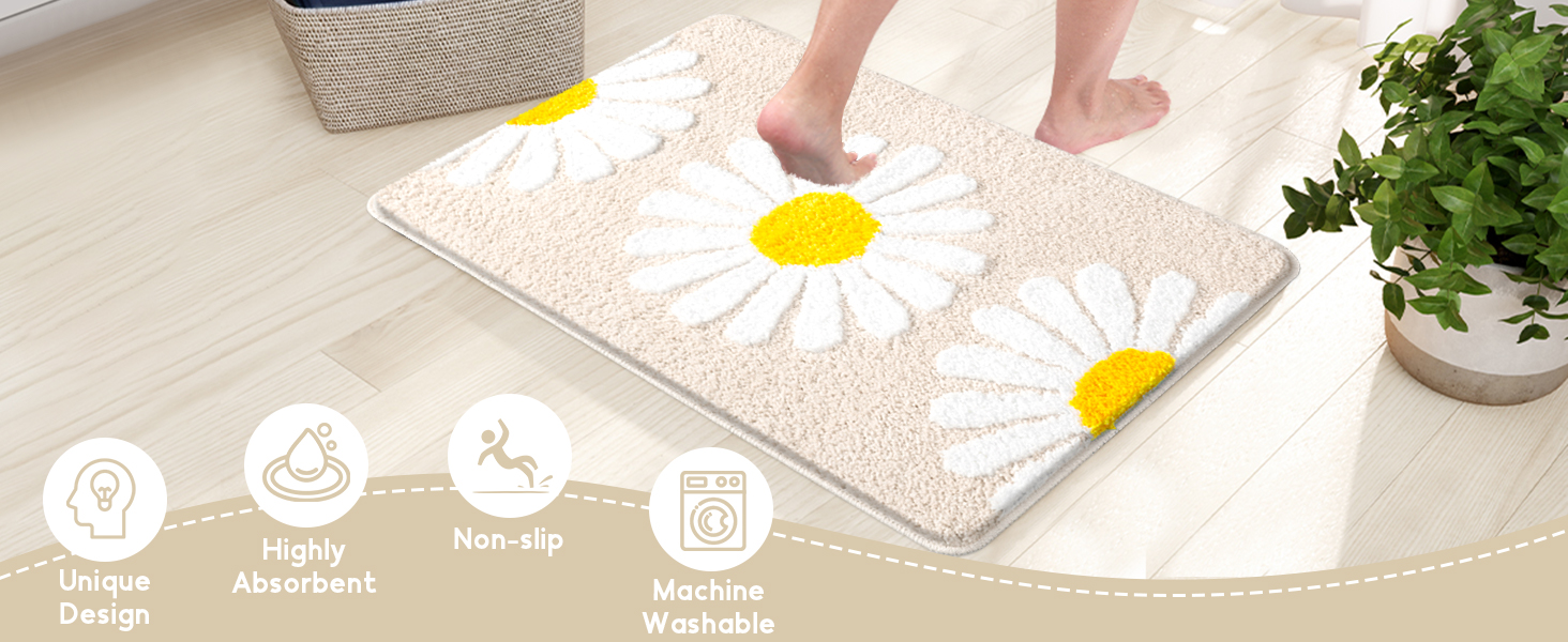 Килимок для ванної кімнати McEu Non-Slip, що миється 45x120 см, мікрофібра, візерунок ромашки, хакі