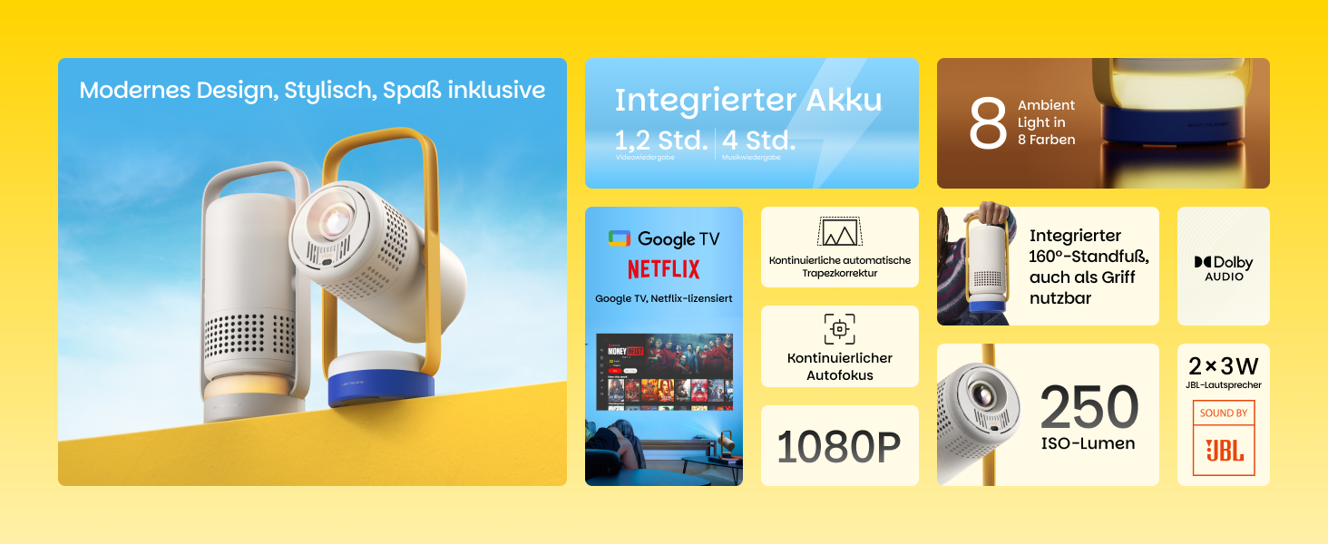 XGIMI Vibe One: Портативний міні-проектор 1080p з Google TV, JBL, автофокусом та автокорекцією трапеції (Blue Spark)