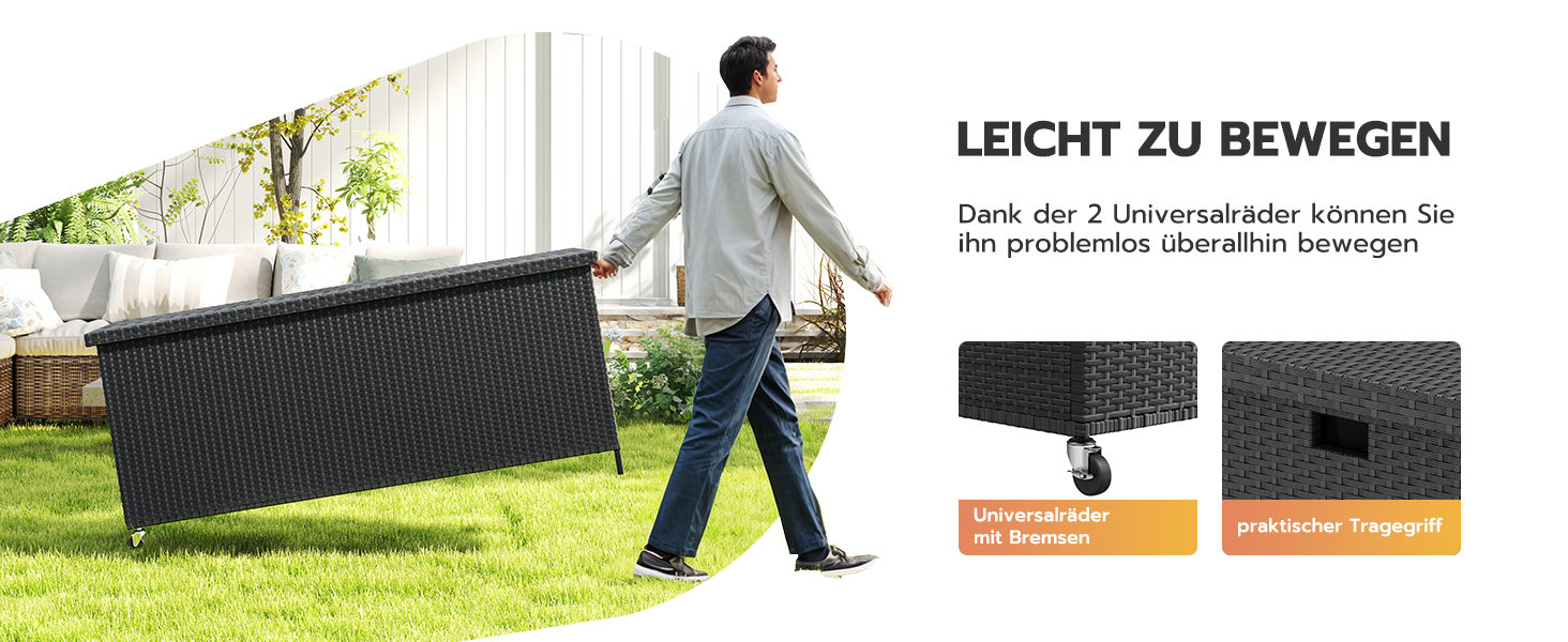 Водонепроникна садовий ящик-бокс UDPATIO з колесами 480л, чорний 138x61 см для саду та балкону