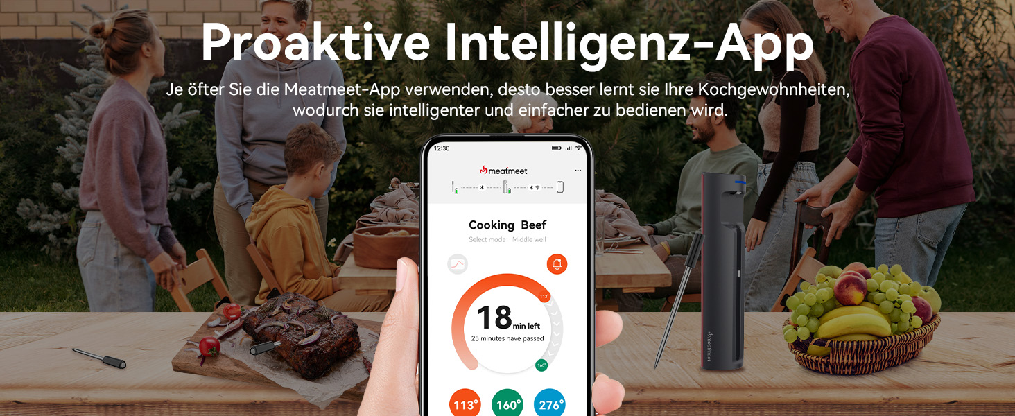 Бездротовий термометр для м'яса з Wi-Fi та Bluetooth, моніторинг через додаток, таймер та сповіщення, водонепроникний (IP67) та маслостійкий, для BBQ, духовки, гриля, кухні MMP1