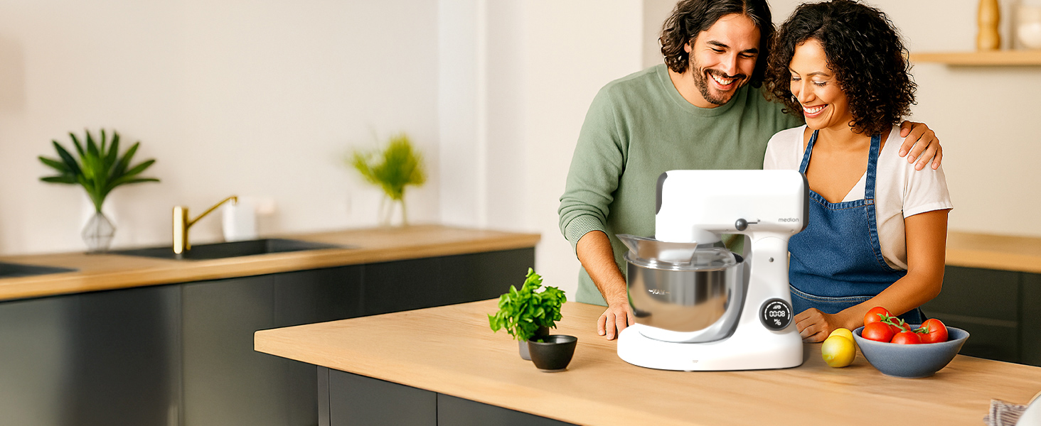 Кухонна машина MEDION MD 12600 з м'ясорубкою, 4.6 л чаша з нержавіючої сталі, тихий двигун, 800 Вт, набір насадок для натирання, шинкування та нарізання, сенсорний дисплей, міксер, тістоміс